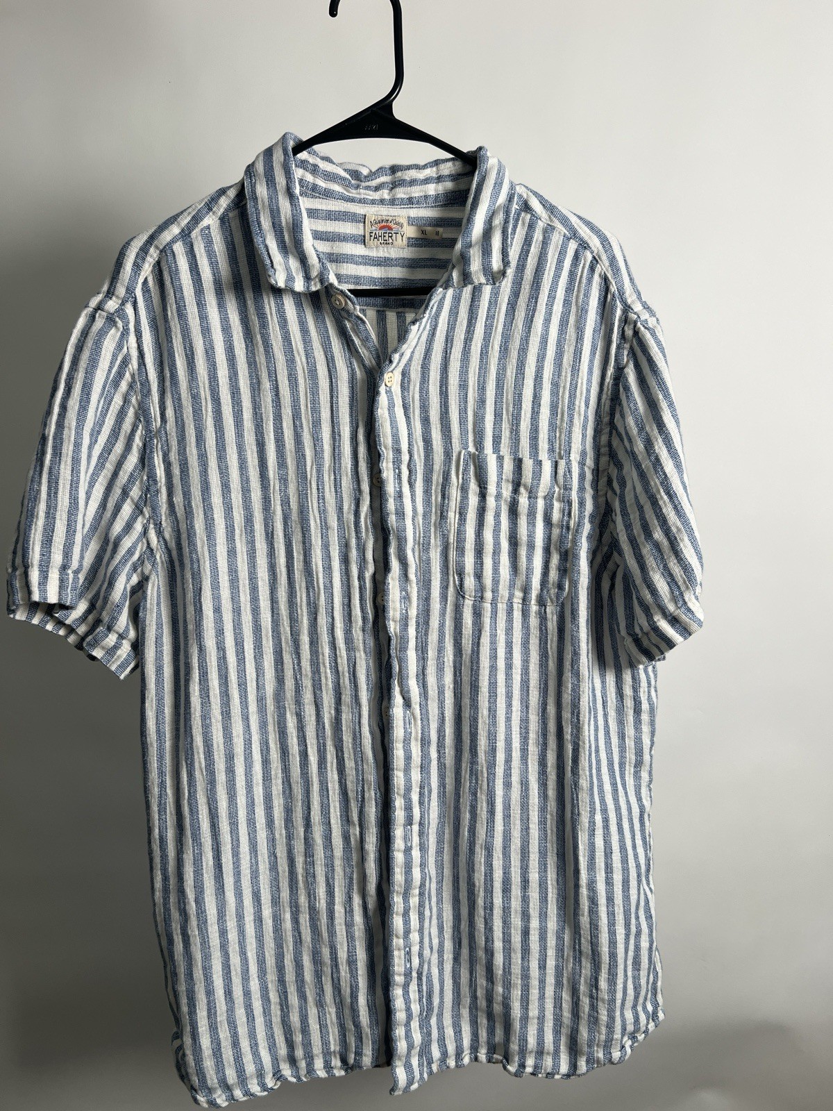 Faherty Palma Linen Shirt Mens XL Blue White Striped Short Sleeve Button Down