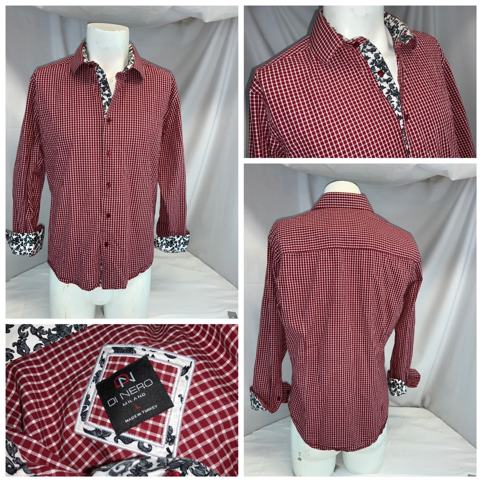 Di Nero Flip Cuff Shirt L Men Red Gingham Poly Cotton Turkey Floral YGI F0-247