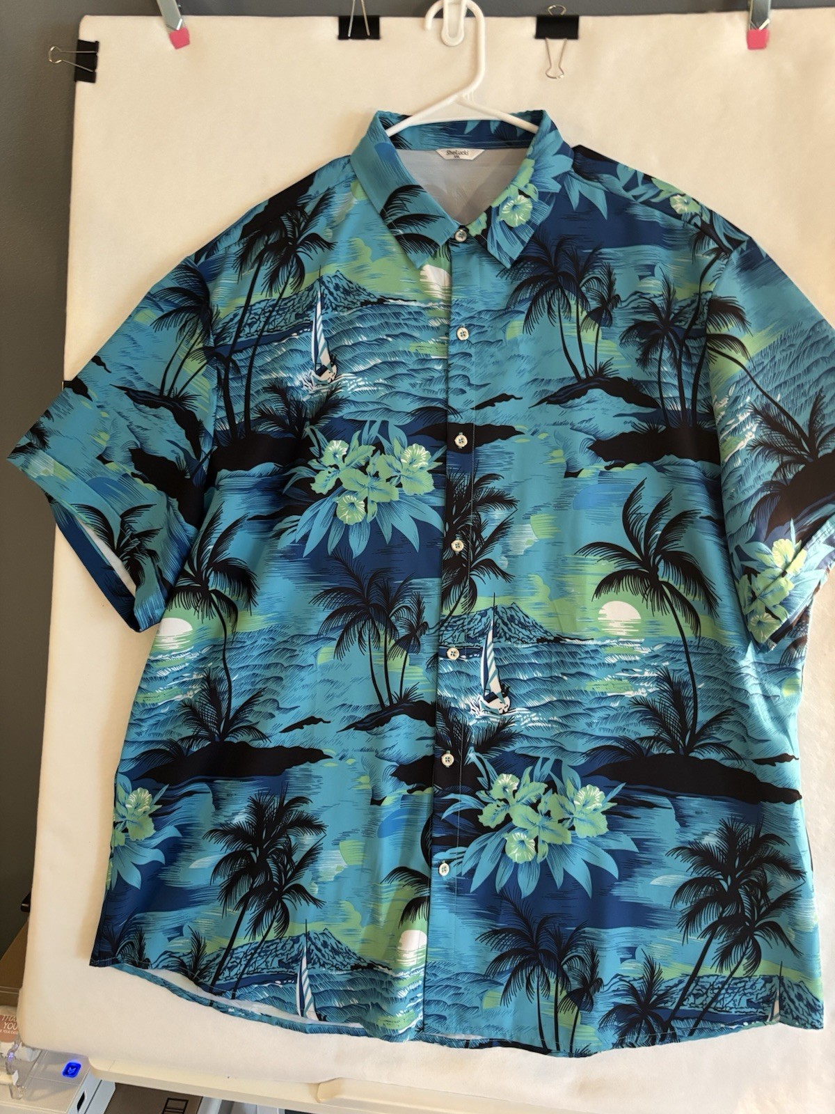 SheLucki Men’s Blue Hawaiian Tropical Floral Short Sleeve Button-Up Shirt XXL