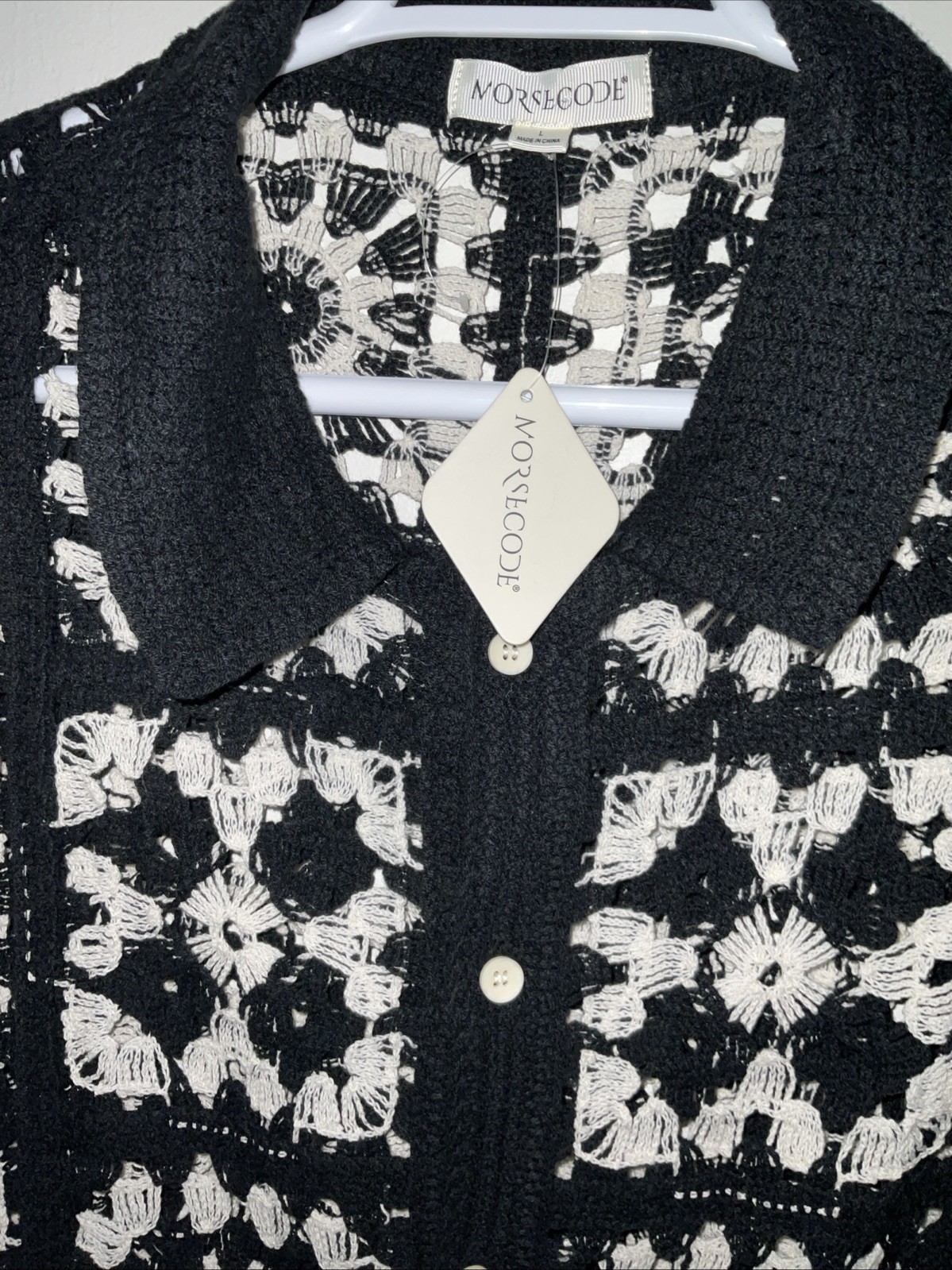 MORSECODE CROCHET OPEN LOOSE KNIT SQUARE PATCHWORK BLACK BUTTON SHIRT L NWT