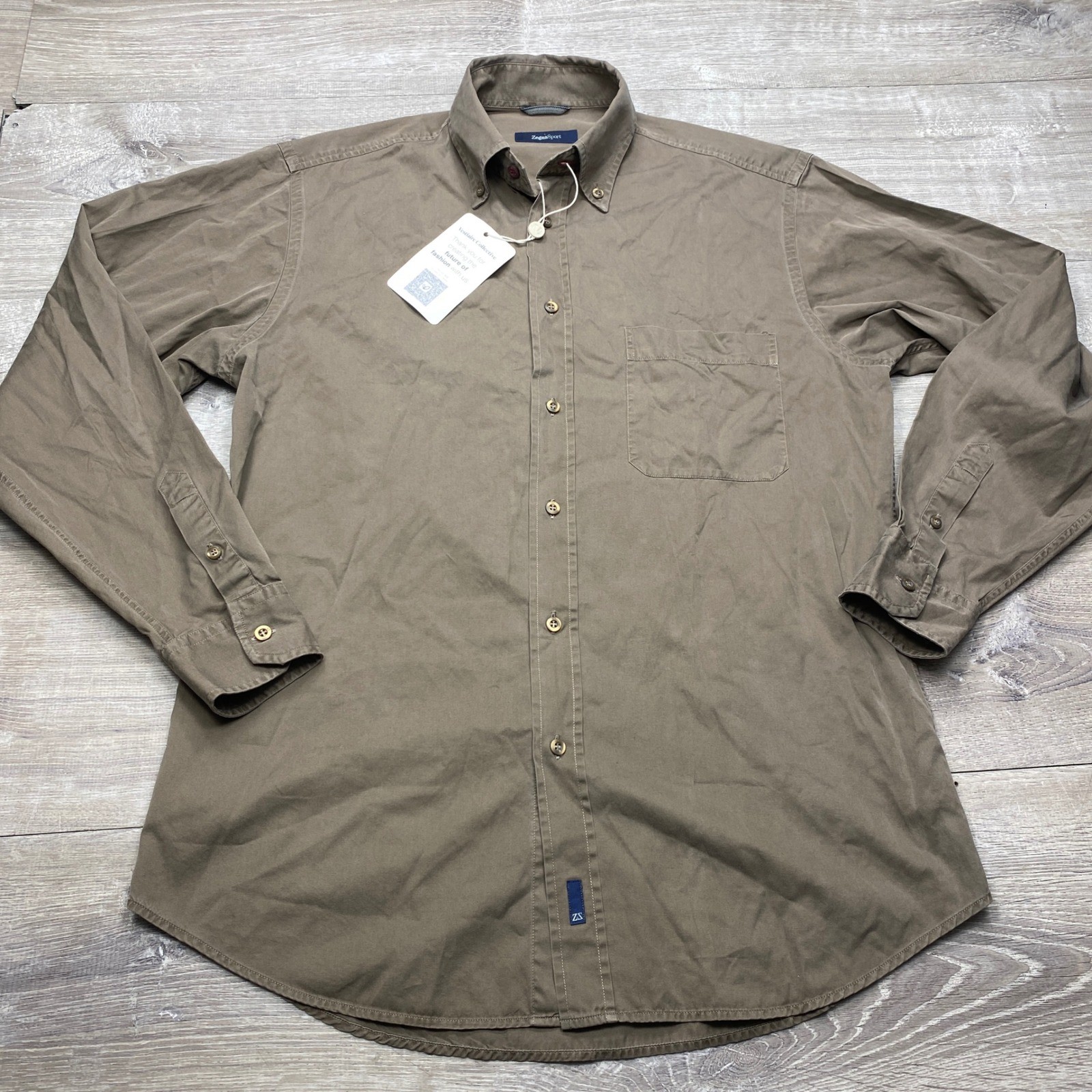 Zegna Sport Button Down Shirt Mens XL Brown Cotton Long Sleeve Made Italy