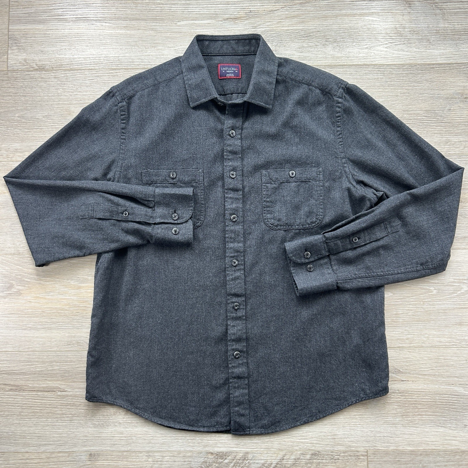 UNTUCKit Medium Hemsworth Charcoal Herringbone Twill Long Sleeve Button Up