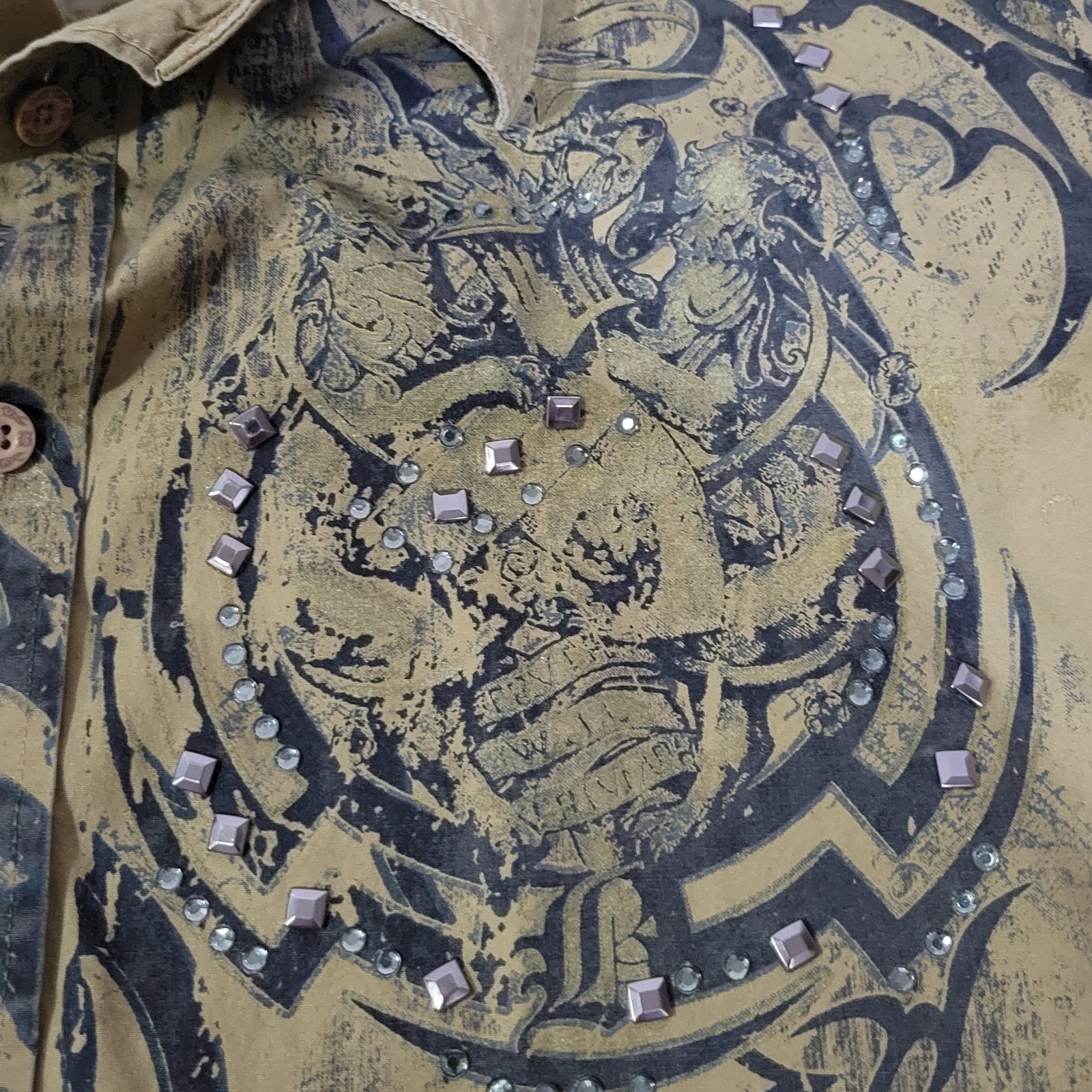 Brad Butter Button Up Shirt Mens XL Brown Tribal Wings Y2K Grunge Cyber Studded