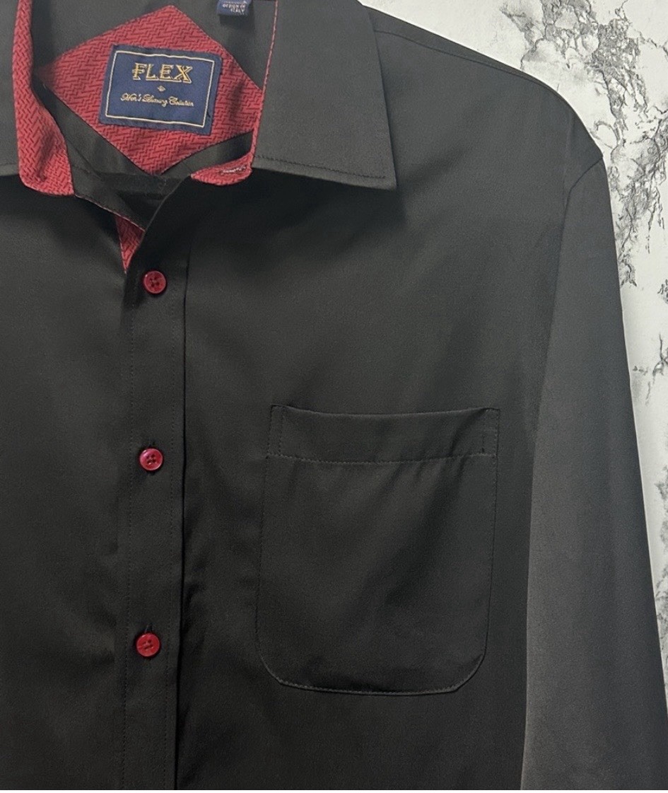 Men’s Casual Black Button-Down Shirt with Red Contrast Wrinkle-Free Size L