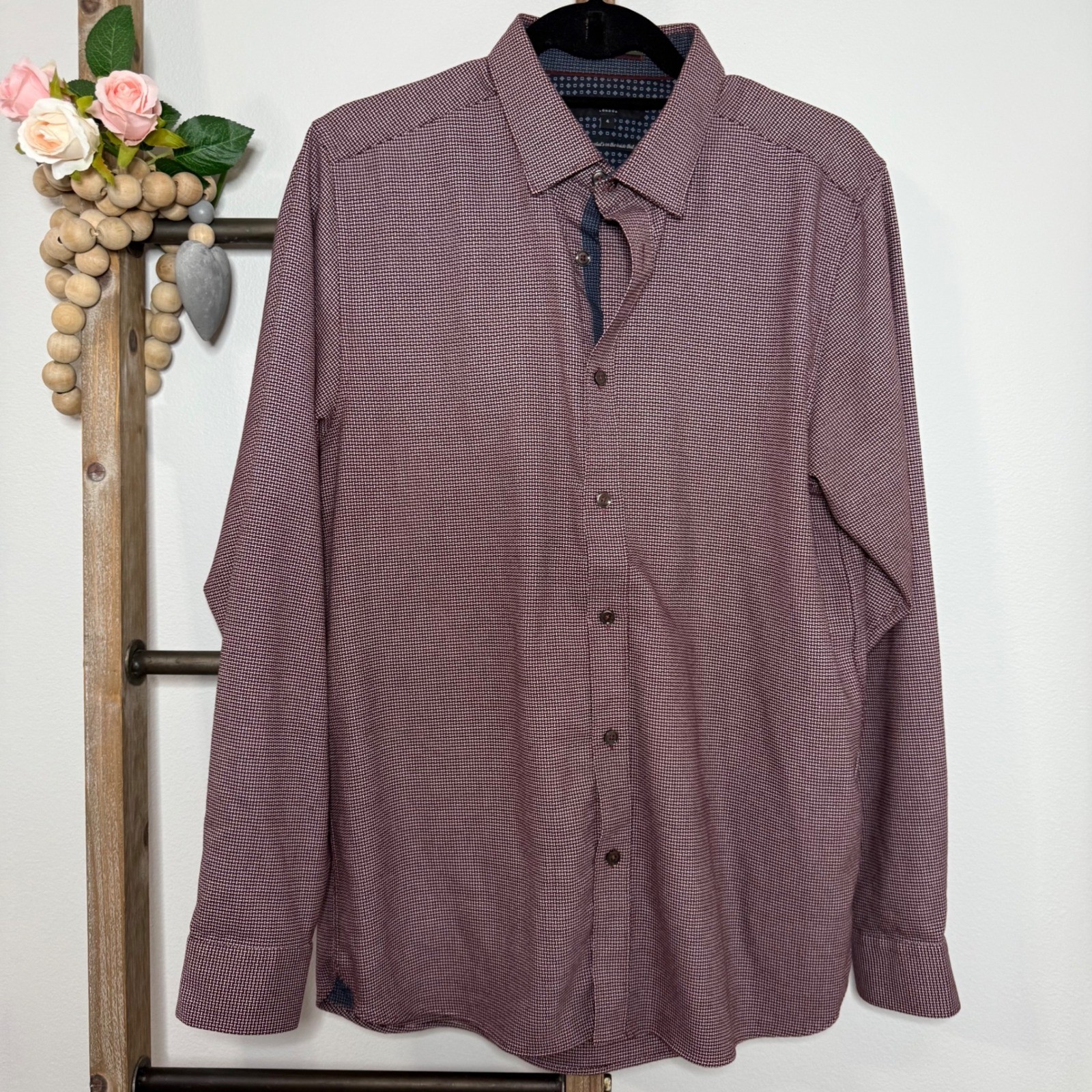 Ted Baker London Mens Burgundy Micro Pattern Stretch Button Down Shirt Size 4 L