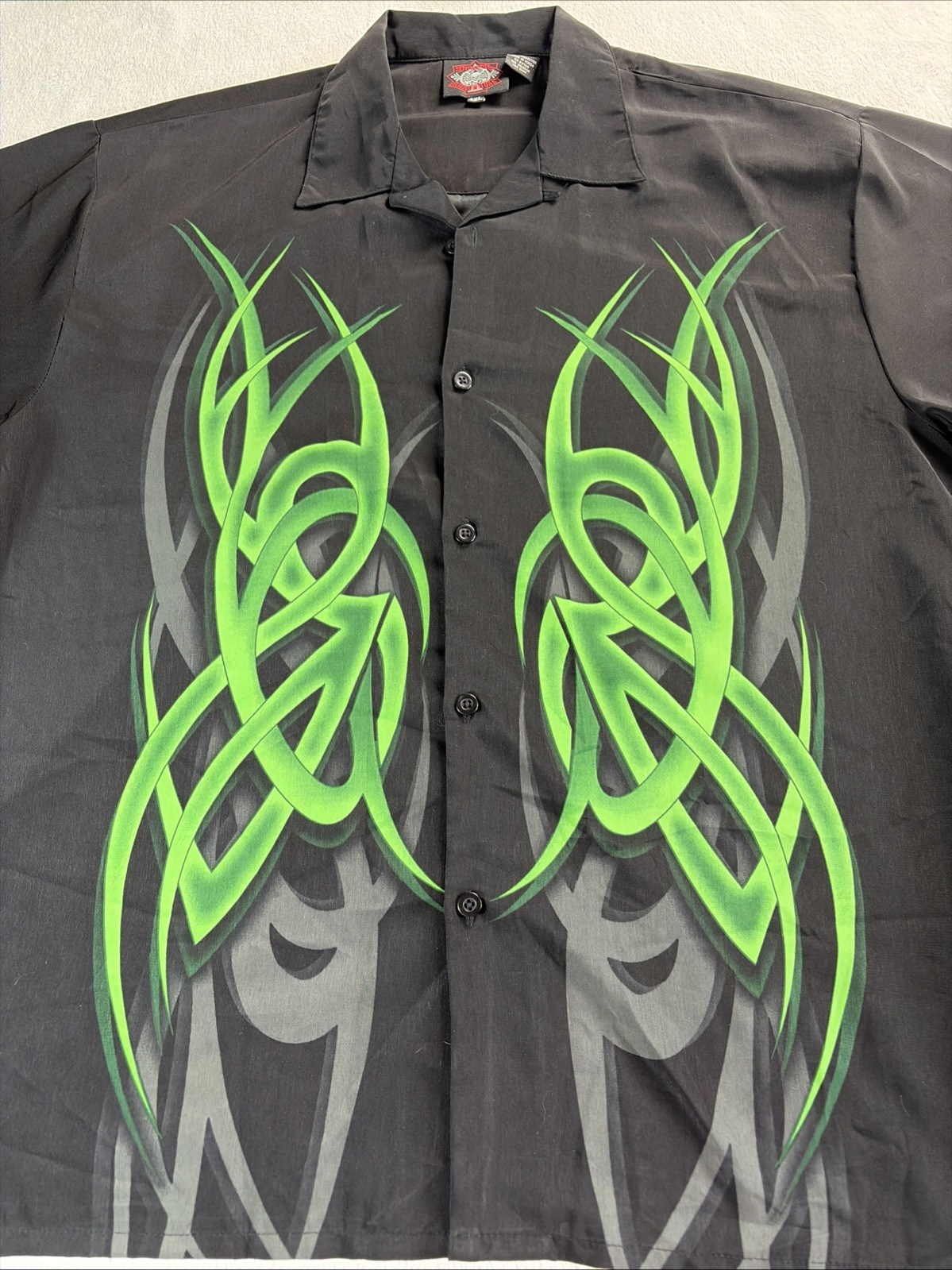 Vtg Dragonfly Road House Men’s XXXL Button Up Shirt Green All Over Print Y2K