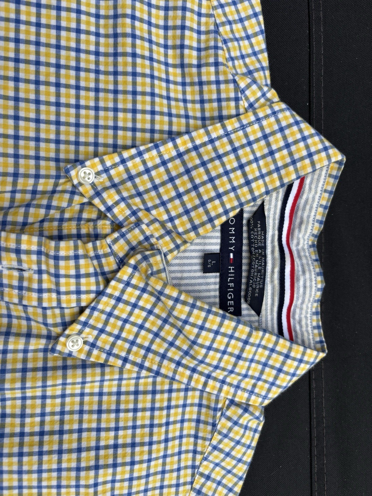 Tommy Hilfiger Men’s Large Blue Yellow Gingham Check Short Sleeve Button Down