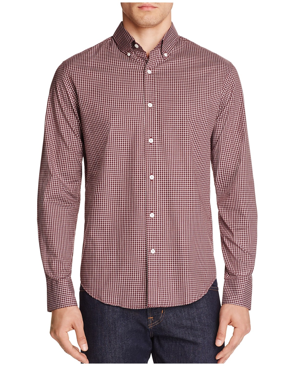 Hardy Amies Mens Slim Fit Micro Check Button Down Shirt Large Crimson