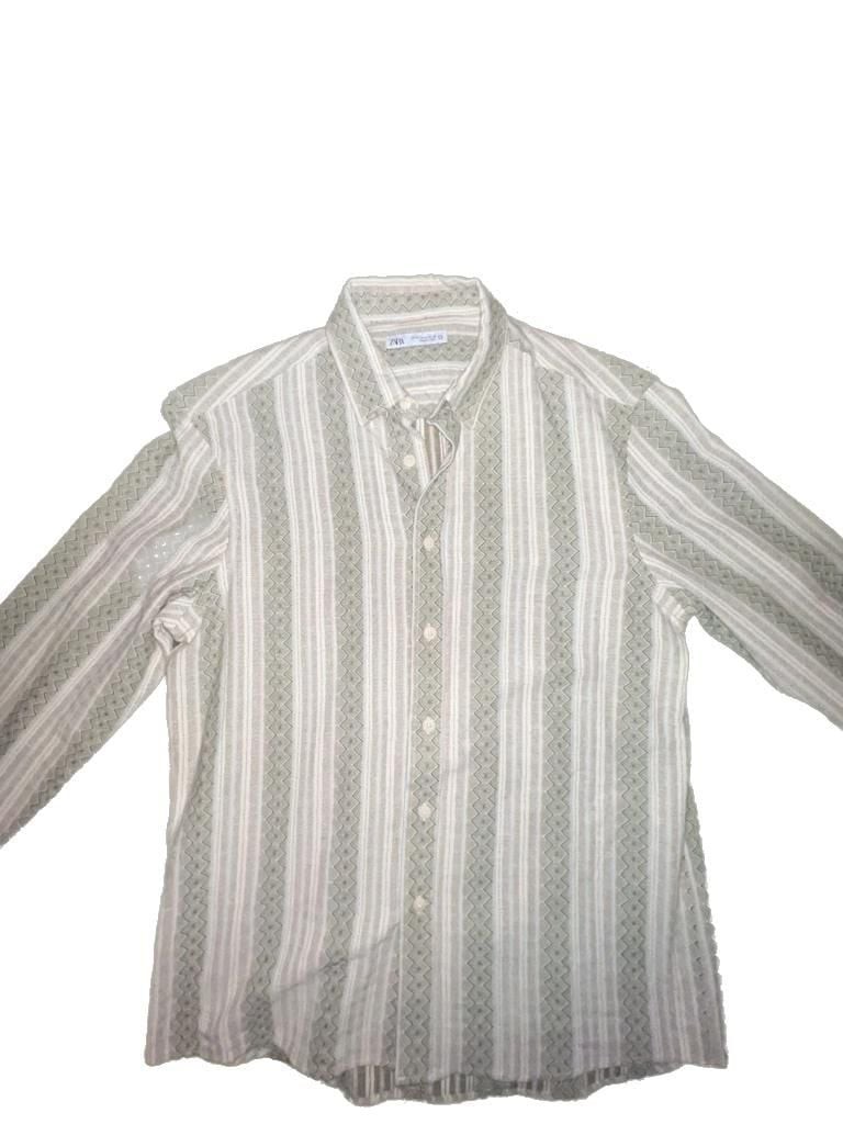 Zara Mens Button Down Zig Zag Striped Green Multi Color Shirt NWT M