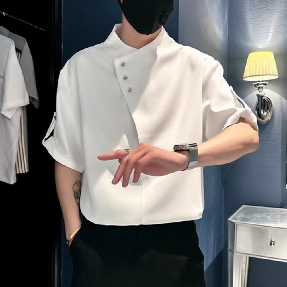 Men’s T Shirt Half Sleeve Irregular for stand Collar Casual Solid Color Spring