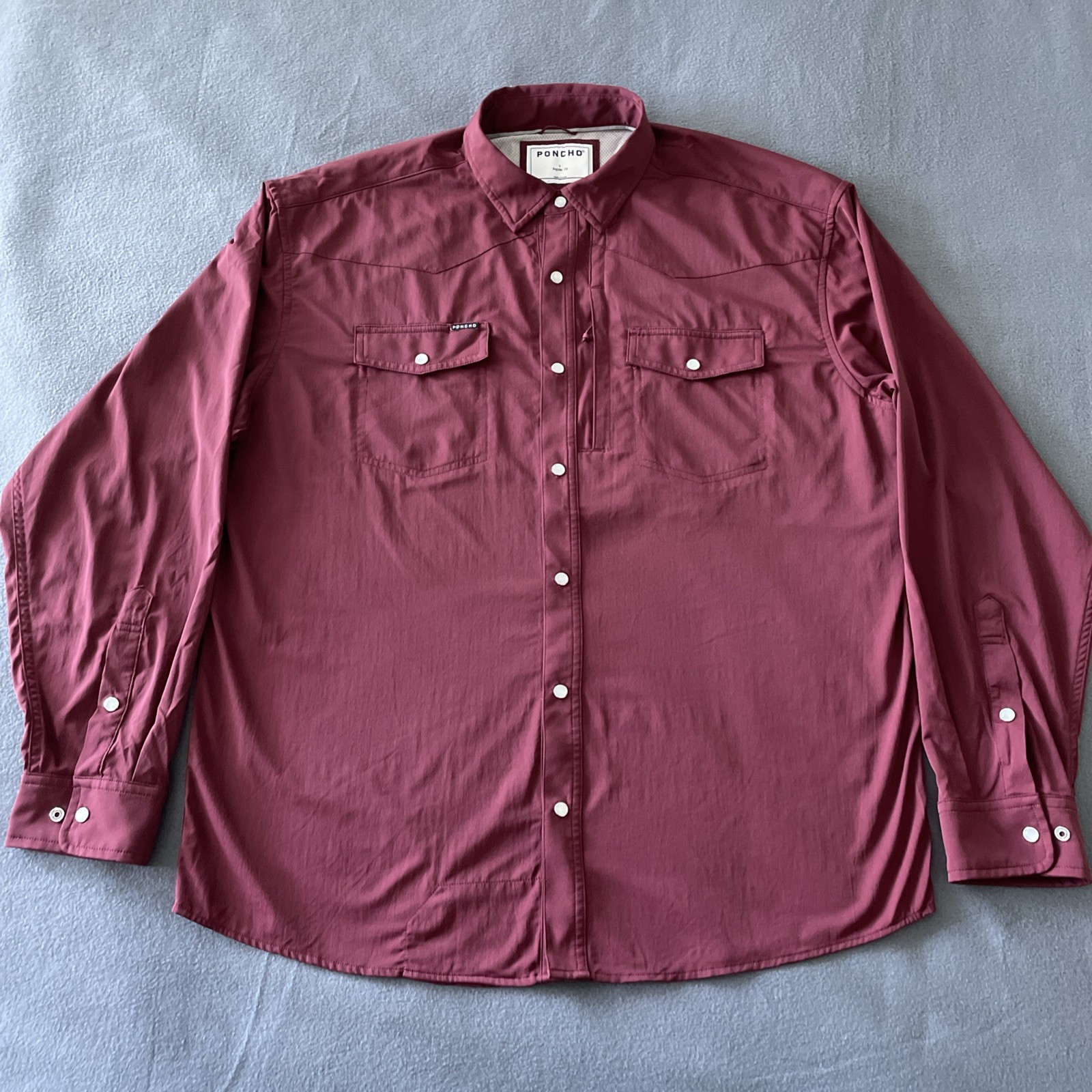 Poncho Shirt Mens Large Maroon Vented Fishing Pearl Snap Burgundy Stretch Cowboy
