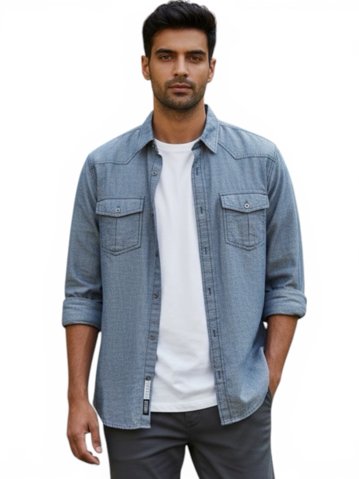 Rock & Republic Easy Care Pockets Men’s Blue Solid Long Sleeve Button-Up XL
