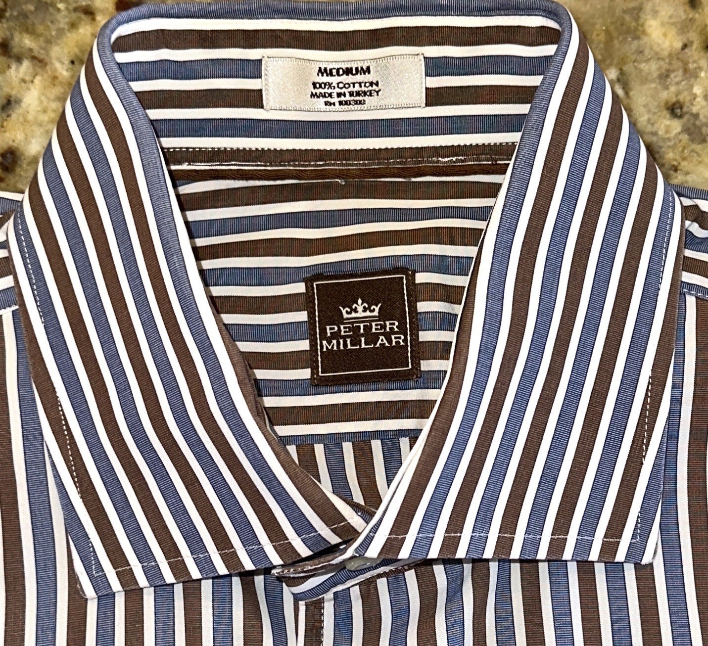 Peter Millar Men’s Blue & Brown Striped Slim Fit Button Front L/S Shirt Size M