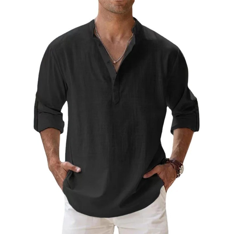 Men’s Cotton Linen Henley Shirt Summer Casual Beach Hawaiian Style Vacation Wear