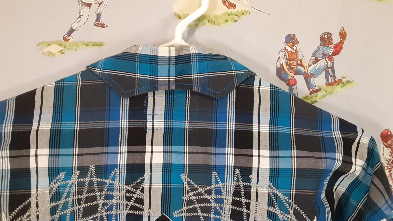 🤠 Panhandle Slim Men’s Western Pearl Snap Shirt Blue Plaid Embroidered Size XL