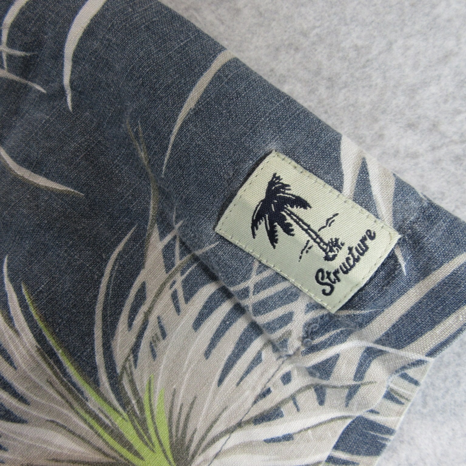Vintage Structure Mens Shirt XL Blue Floral Linen Cotton Loop Collar Camp Resort