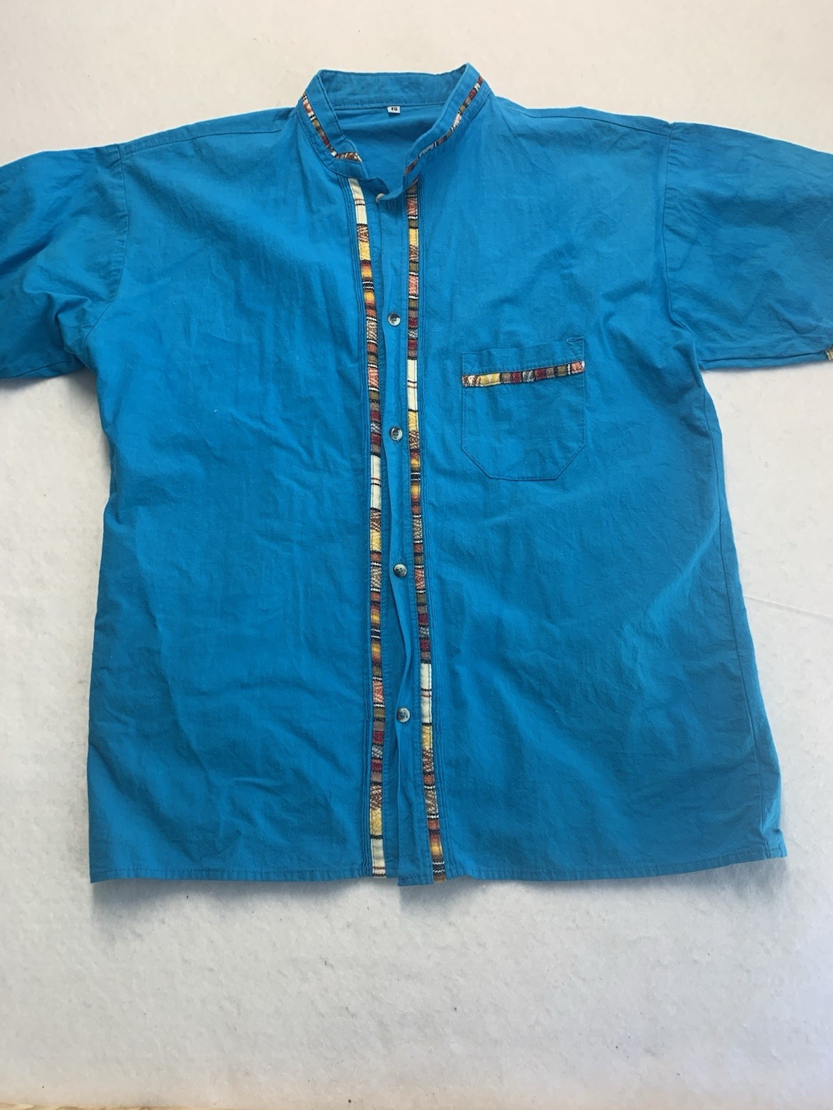 Mens Teal Cotton Banded Collar Shirt Woven Stripe Trim Boho Festival L/XL
