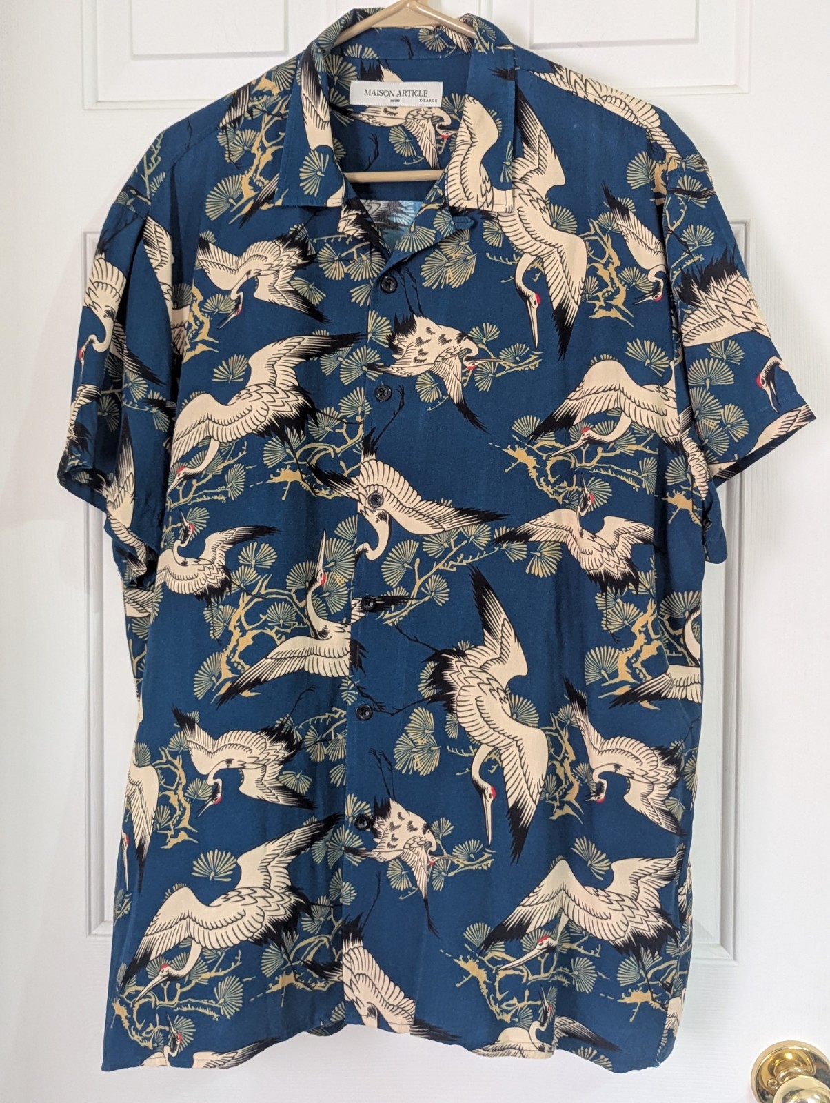 Maison Article Hawaiian S/S Shirt Mens XL Blue Japanese Crane Rayon Tattoo Aloha