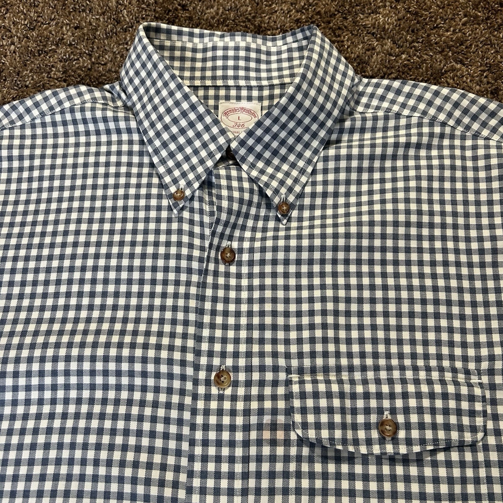 Brooks Brothers 346 Shirt Large Mens L Blue Gingham Herringbone Flap Pocket NWOT
