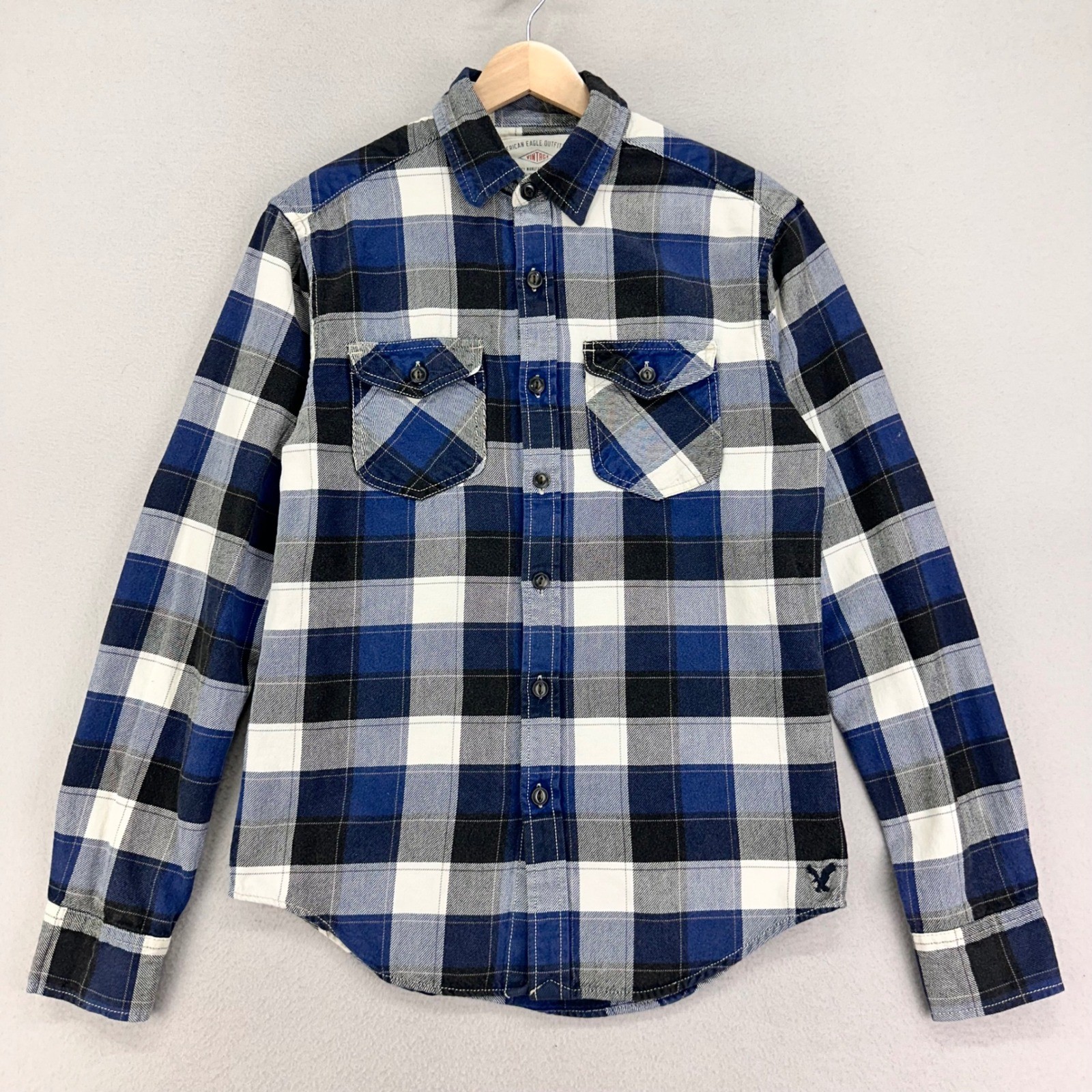 American Eagle Flannel Shirt Mens XS Blue Plaid Cotton Vintage Retro Classic Fit