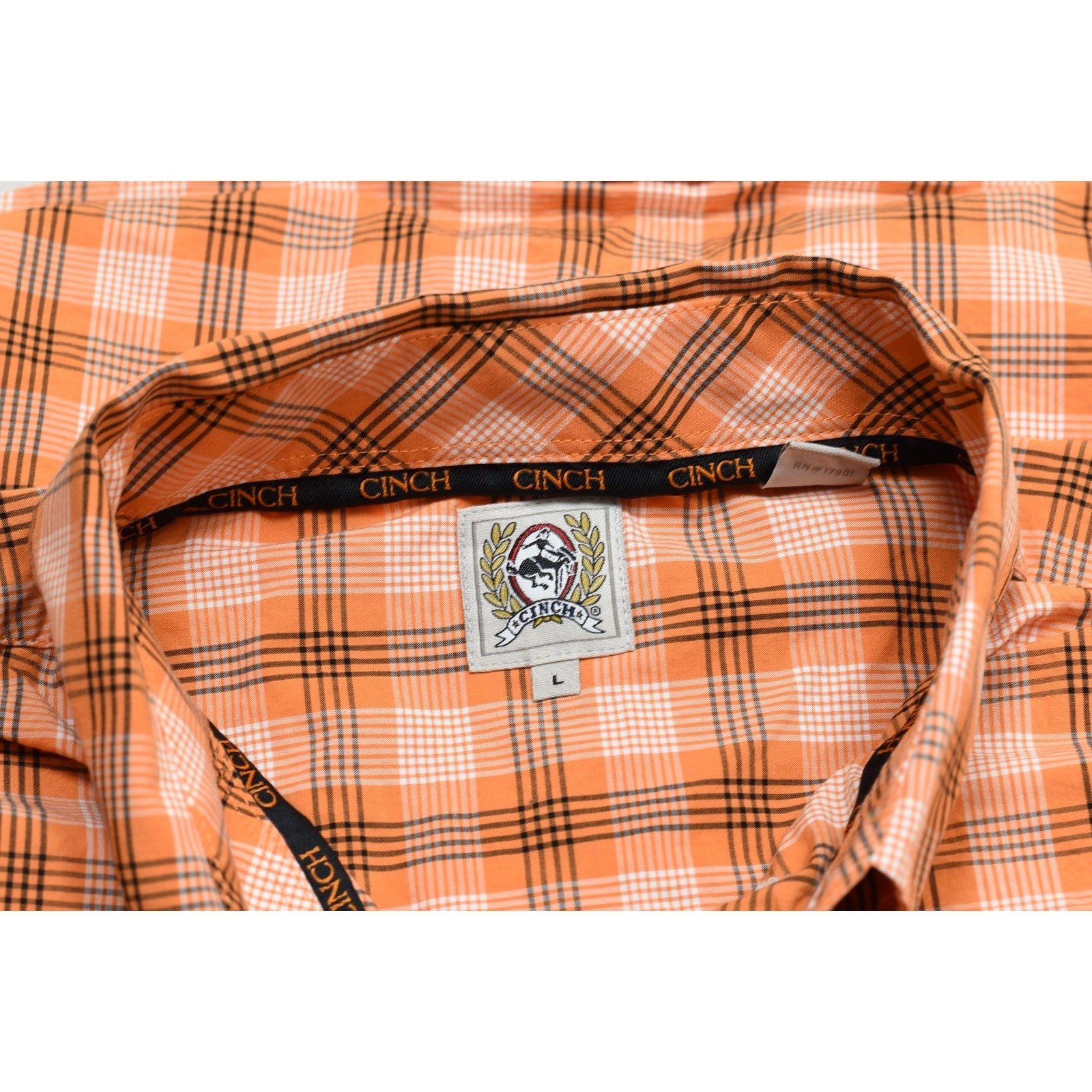 Cinch Shirt Mens Large Orange Plaid Western Snap Button Up Rodeo Cowboy Logo