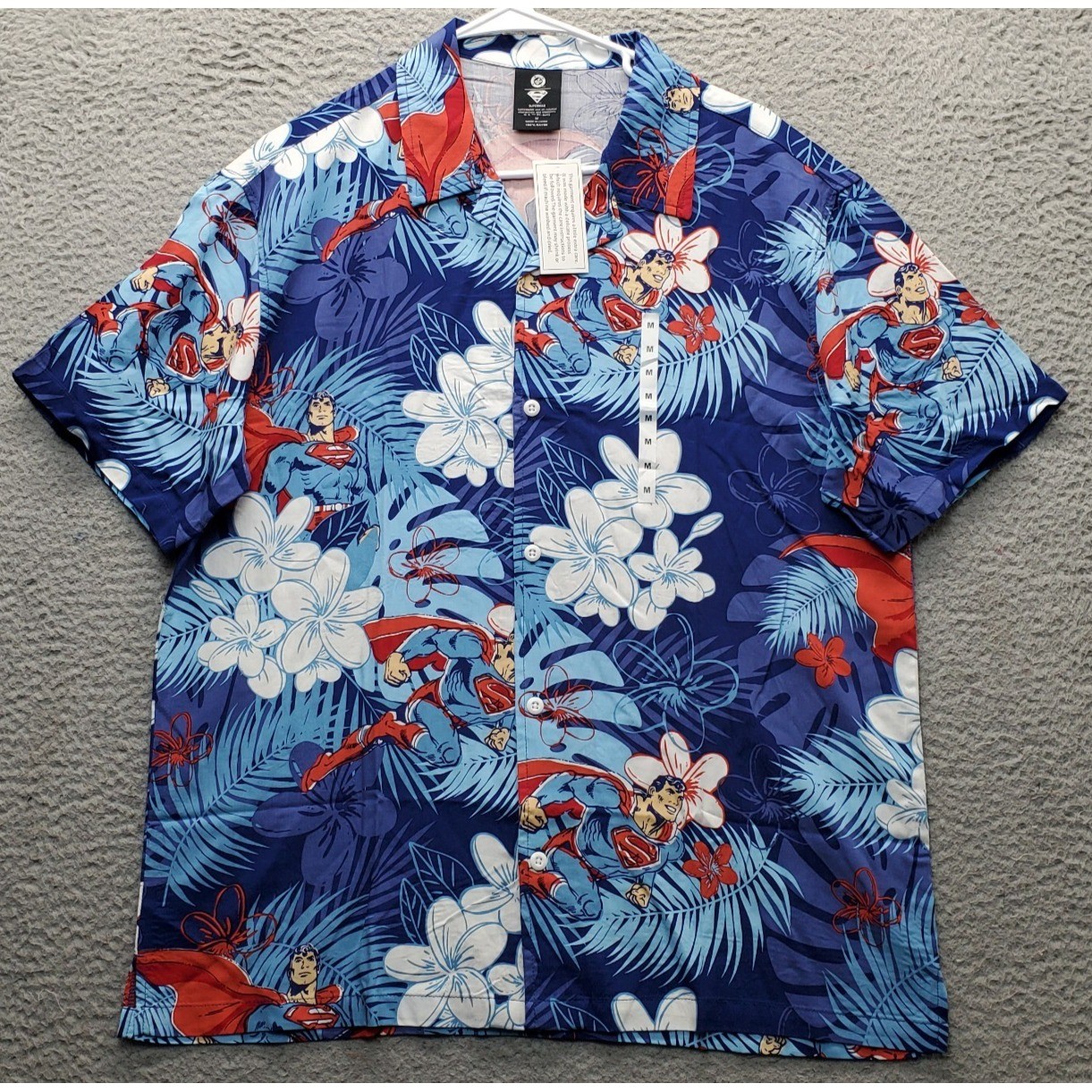 DC Superman Hawaiian Shirt Mens M Multi Tropical Floral Short Sleeve Collar Slit