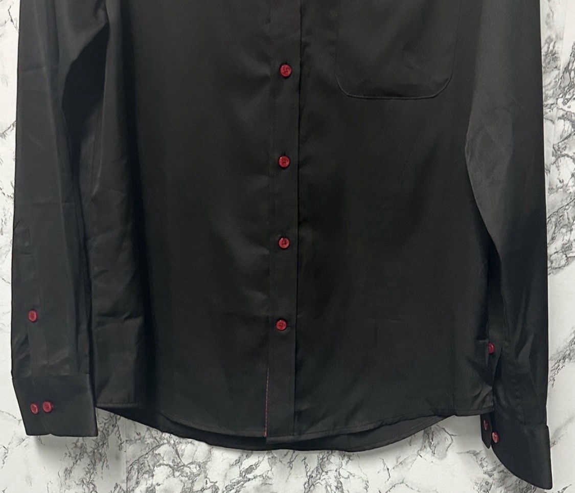 Men’s Casual Black Button-Down Shirt with Red Contrast Wrinkle-Free Size L