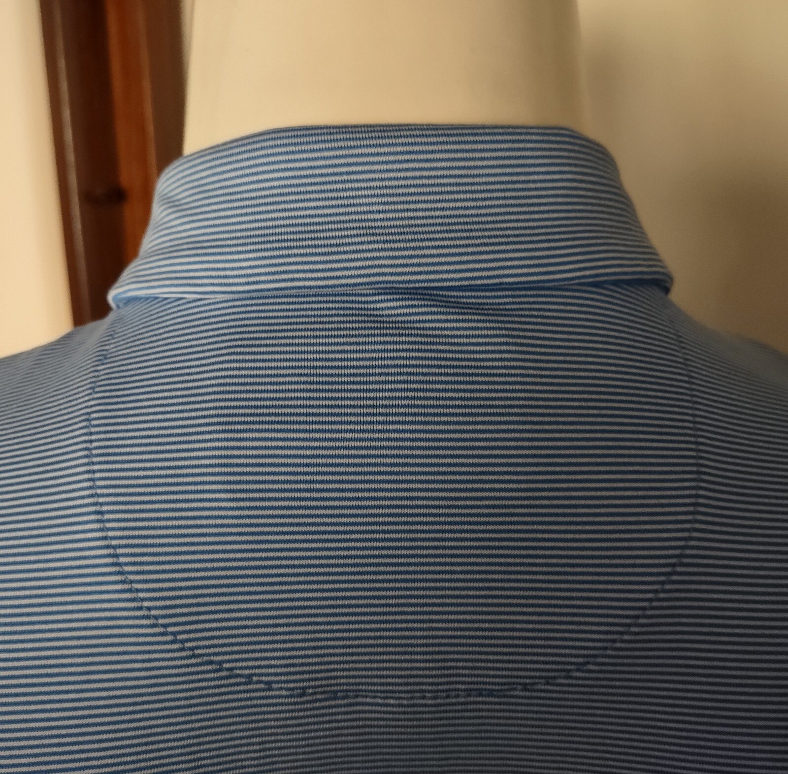M Men Jack Nicklaus Eco Choice Polo Shirt Blue White Stripe Poly Elastane EUC