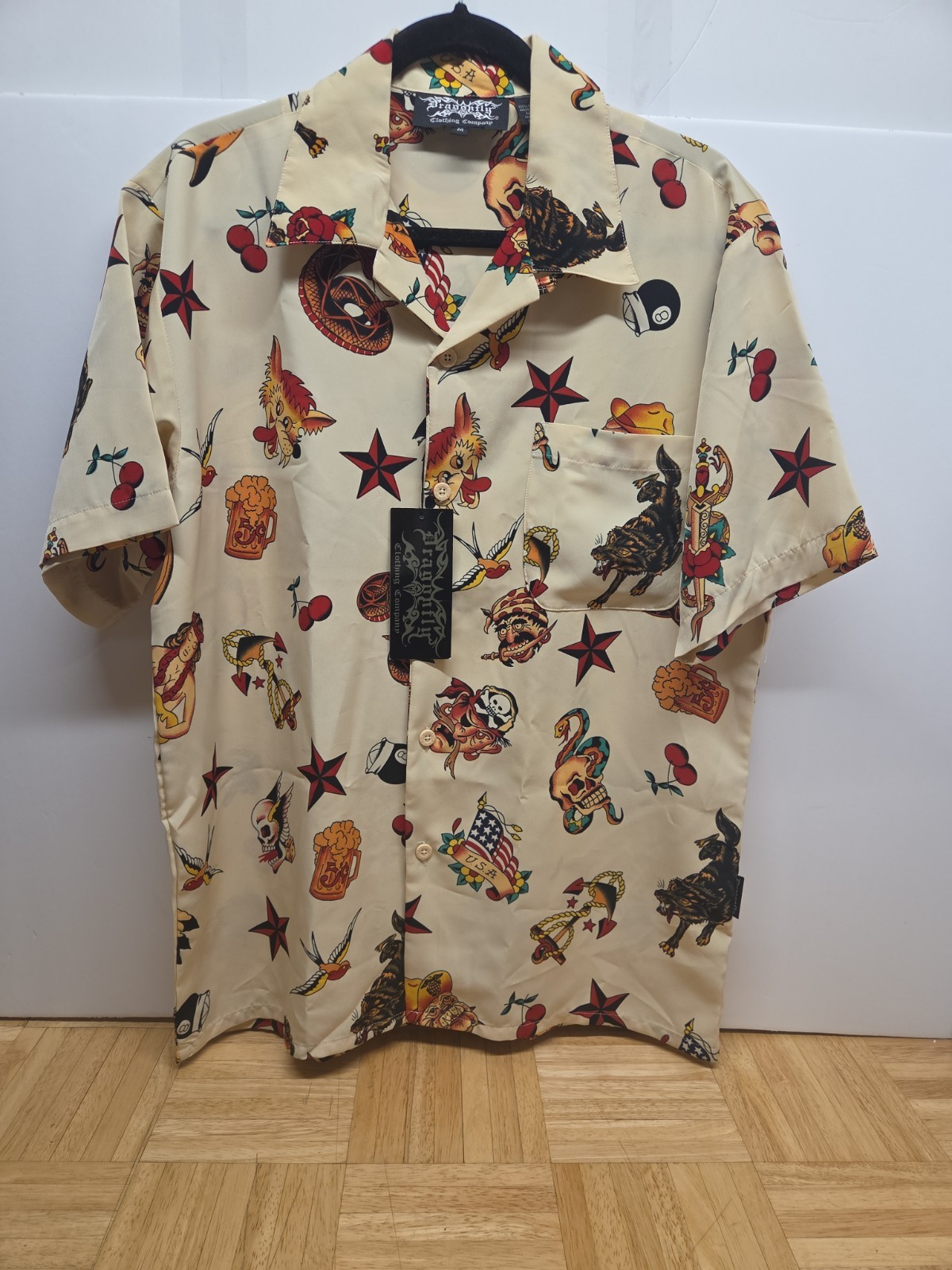 Vtg Dragonfly Clothing Co Tattoo Flash Shirt Medium All Over Print Y2K Rockabill