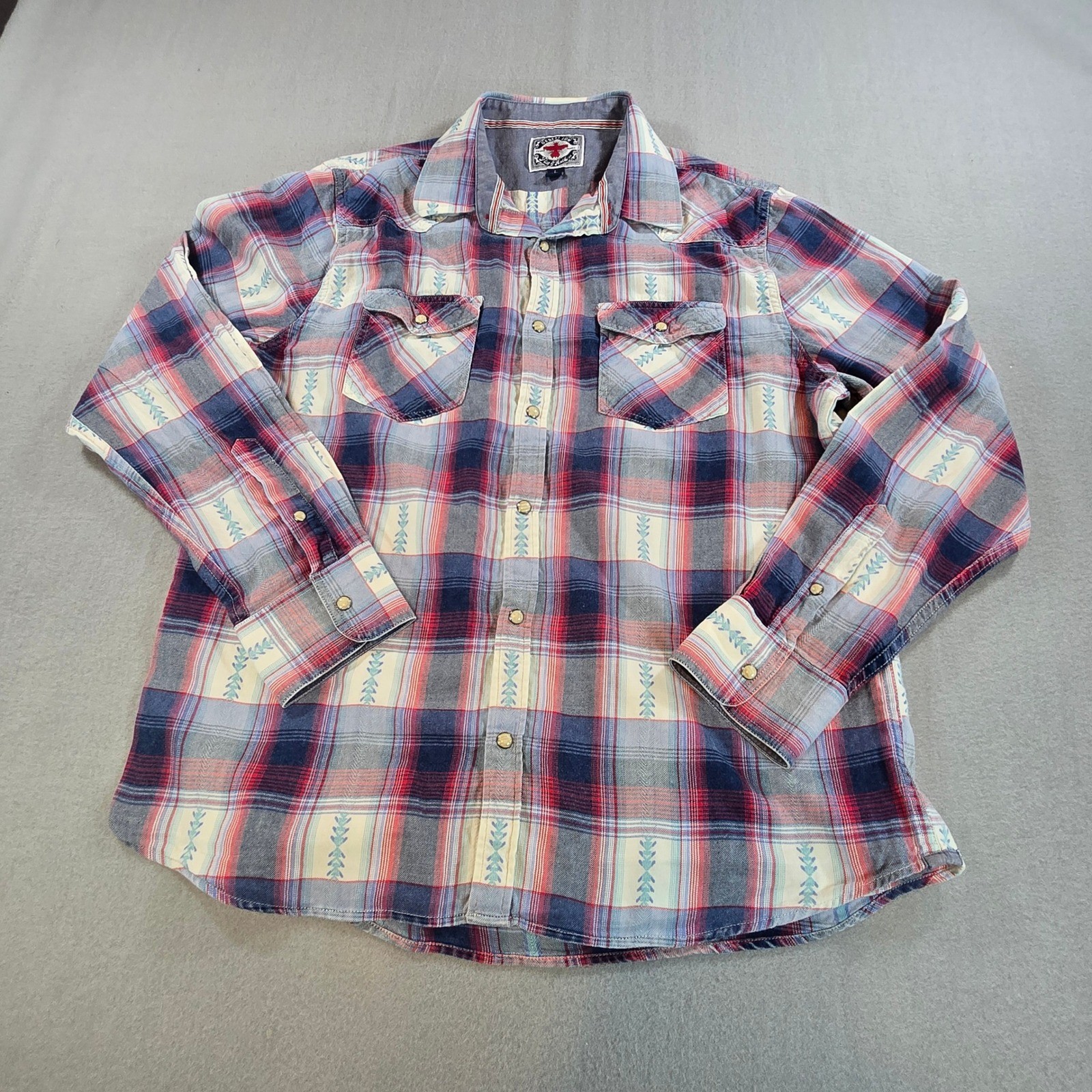 Desert Son Flag & Anthem Shirt Mens L Blue Red Plaid Western Arrow Print Cotton