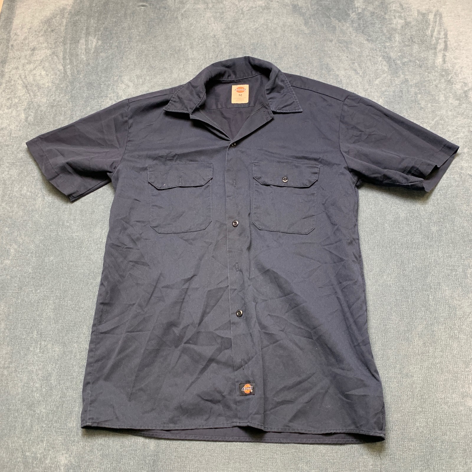 Dickies Work Shirt Mens Medium Blue Cotton Chest Pockets Logo Collared Button Up