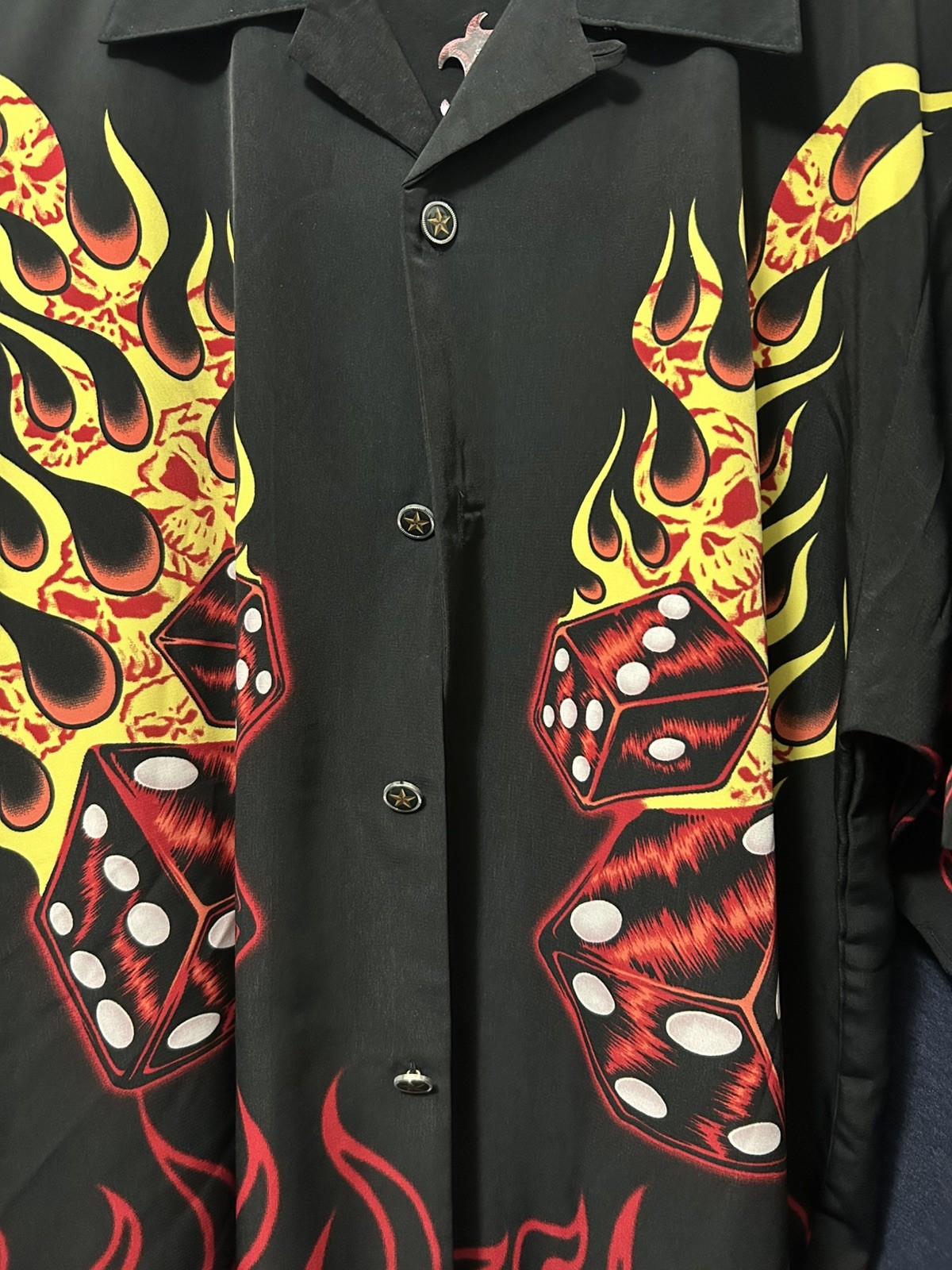 Dragonfly Roadhouse Shirt Mens Large Black With Red Flaming Dice NWT L@@K