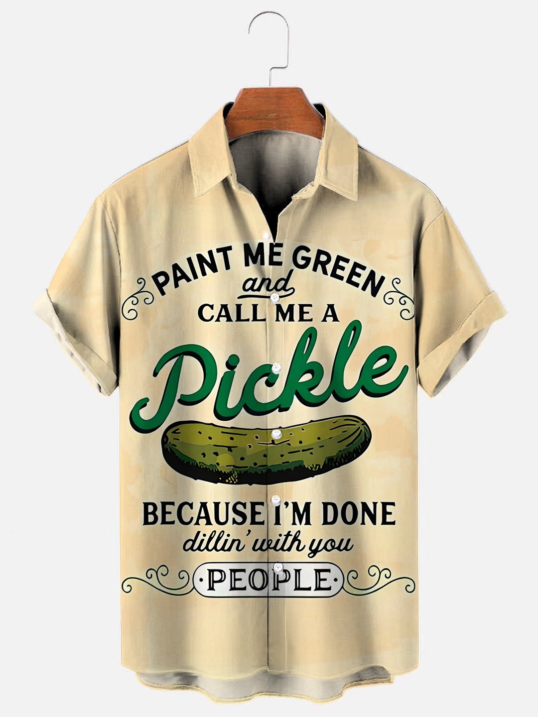 Mens Vintage Pickle Cucumber Print Hawaiian Short Sleeve Shir