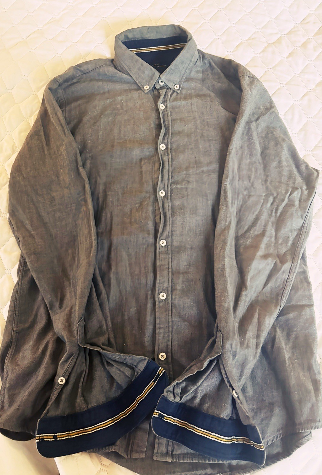 Zara Mens Med Light Blue Linen Blend Button Down Shirt Long Sleeve Casual Summer