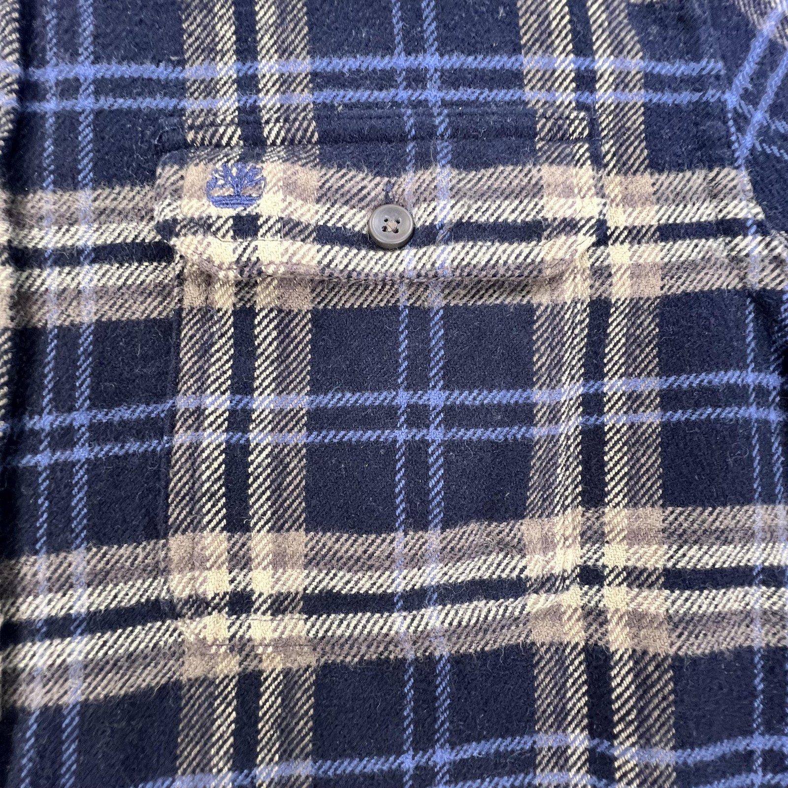 Timberland Flannel Shirt Mens L Blue Tan Plaid Button Front Pockets Casual Camp
