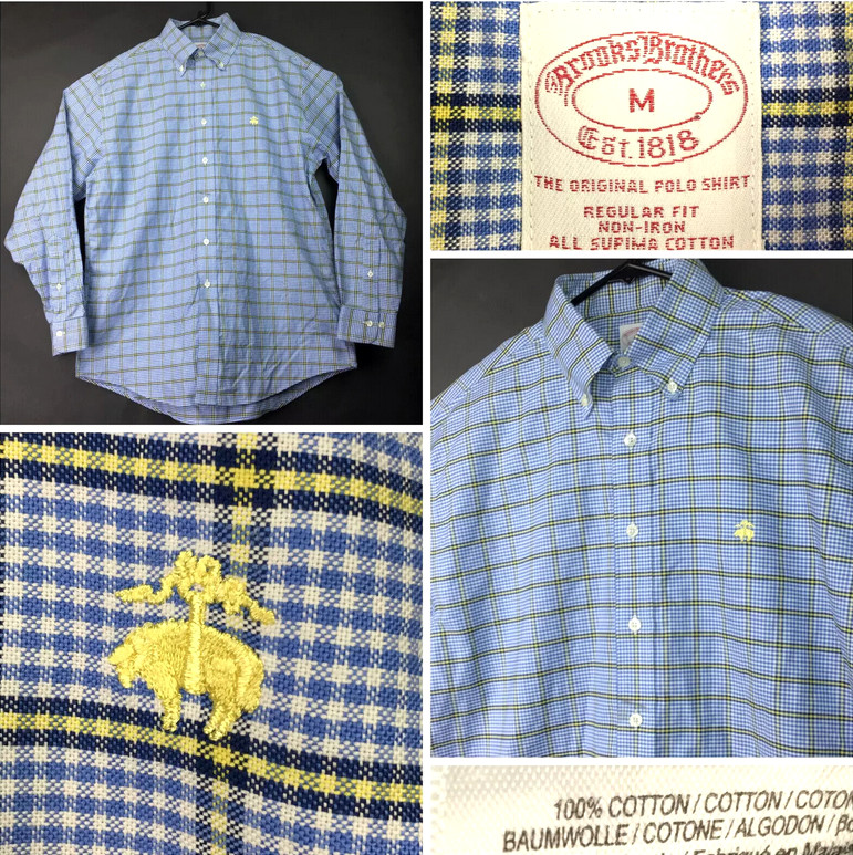 Brooks Brothers Mens Medium (44 in Chest) Blue Yellow Windowpane Button Down