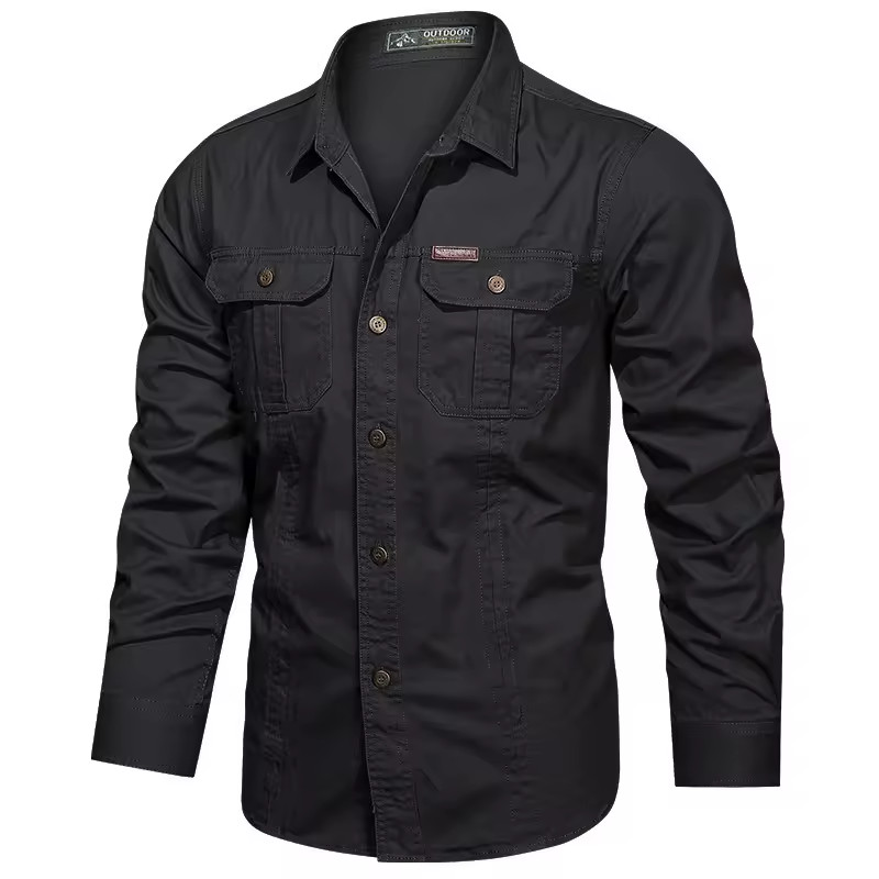 100% Cotton Mens Long Sleeve Cargo Multi-pockets Shirt Lapel Neck Casual Top