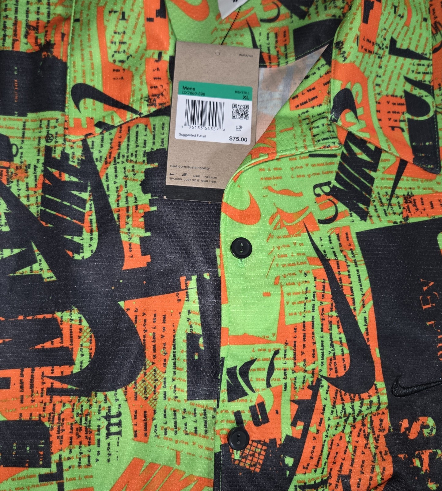Nike Men’s XL Basketball Hawaiian Button-Down Shirt Dri-FIT – NEW