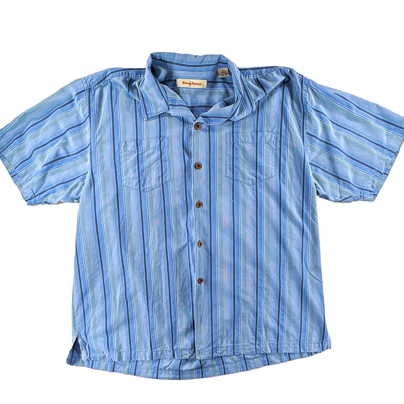 Tommy Bahama Mens XL Blue Striped Short Sleeve Button Up Shirt Pockets 132