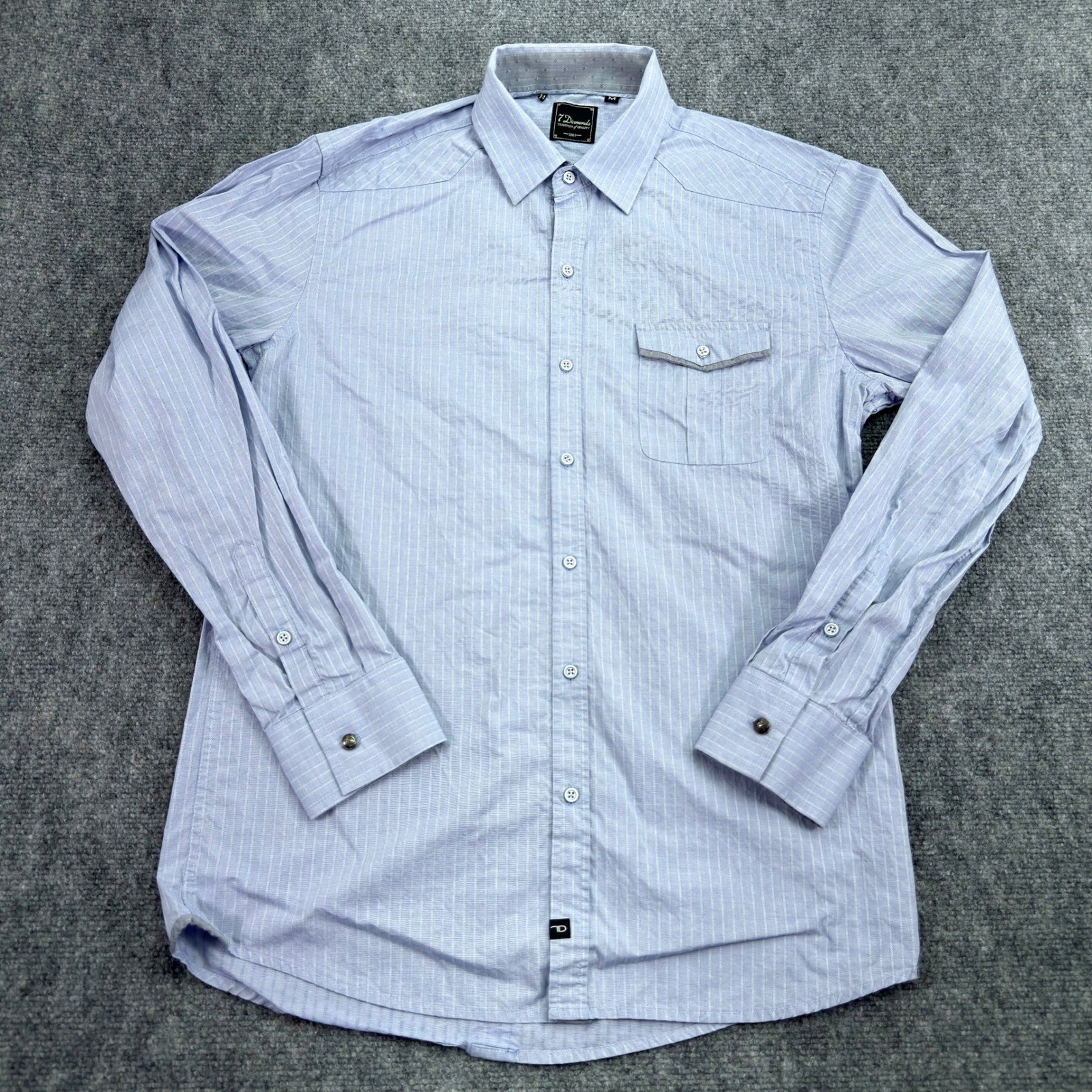 7 Diamonds Shirt Mens Medium Striped Casual Dress Button Up Flip Cuff *Flaw
