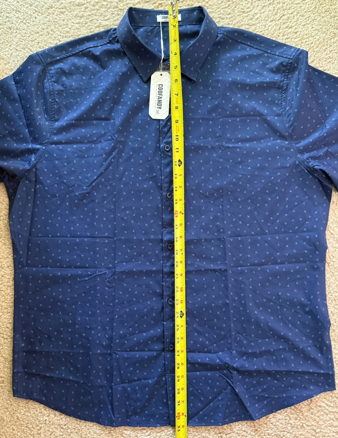 COOFANDY Men’s XL NWT Blue Anchor Print Short Sleeve Button-Up Collar Stretch