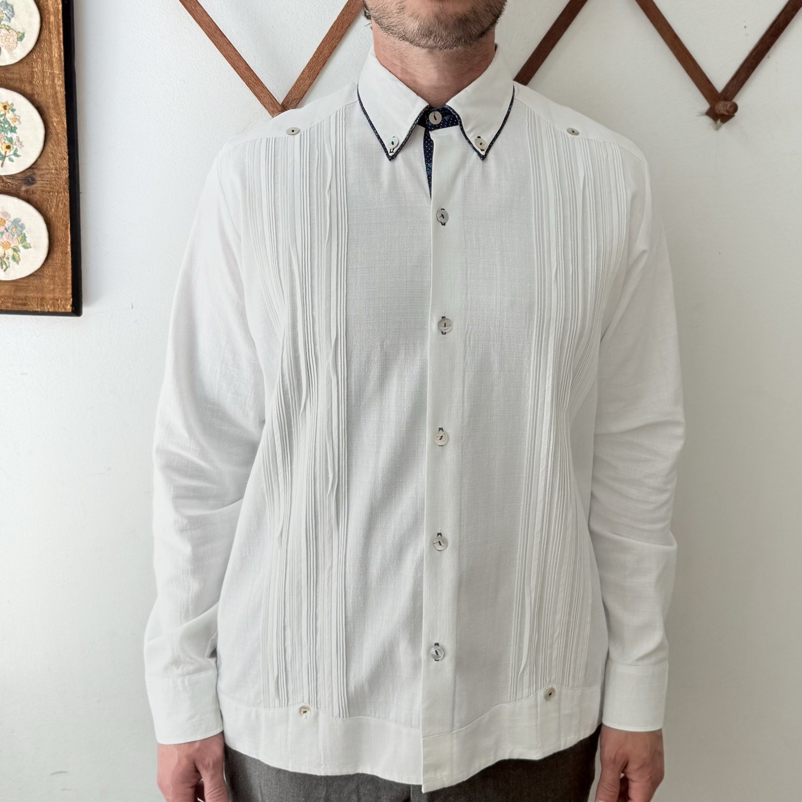 White Linen Casual Tuxedo Style Button Up Shirt Beach Wedding Mens 40 Medium