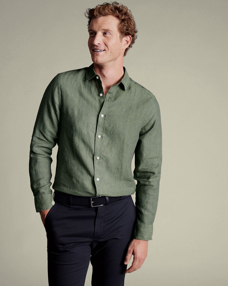 Mens Olive Green Linen Shirt Classic Fit Size M Long Sleeve Casual Button Up