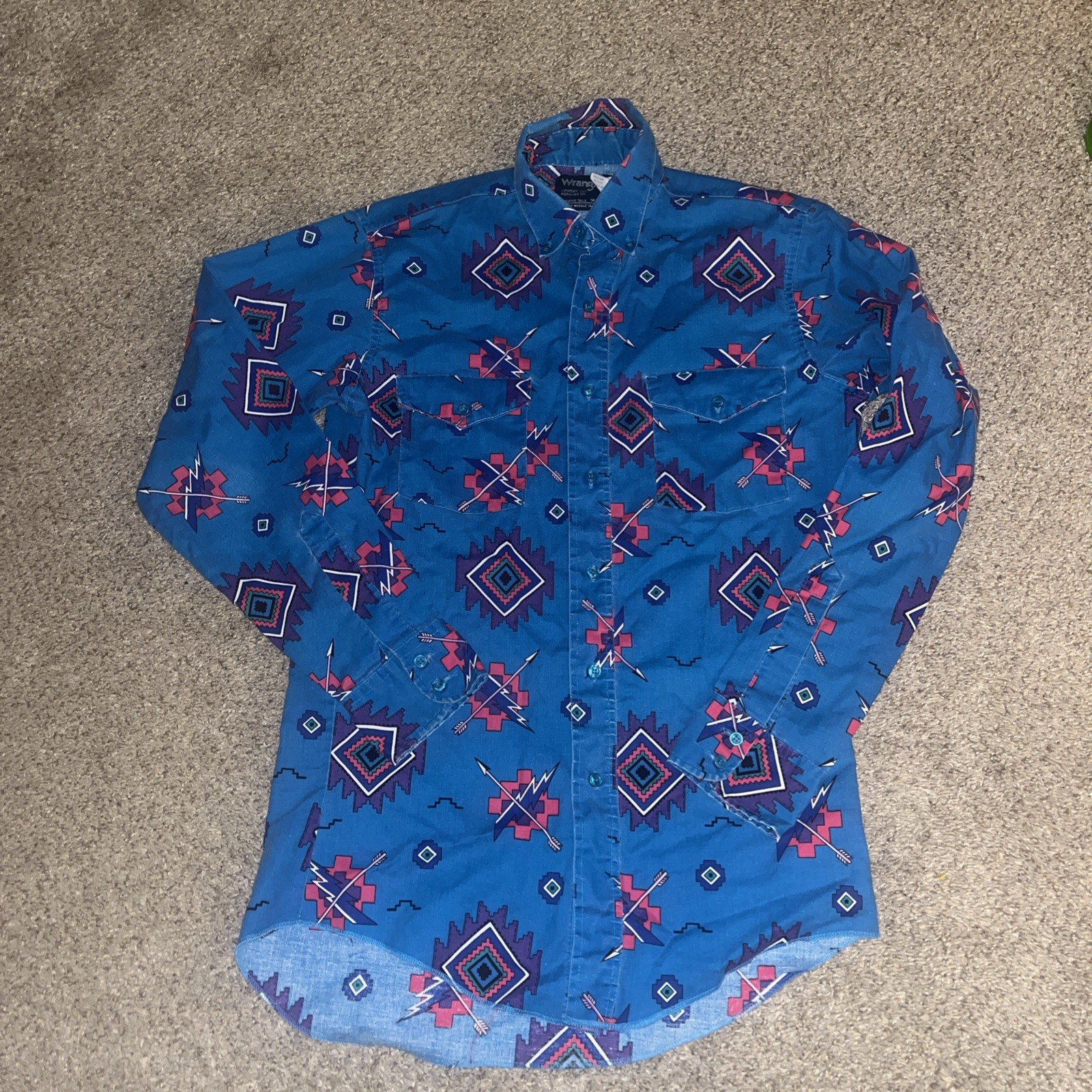 Vtg 80s Wrangler Shirt Brushpopper Western Aztec Navajo Cowboy 14 1/2-33 Small