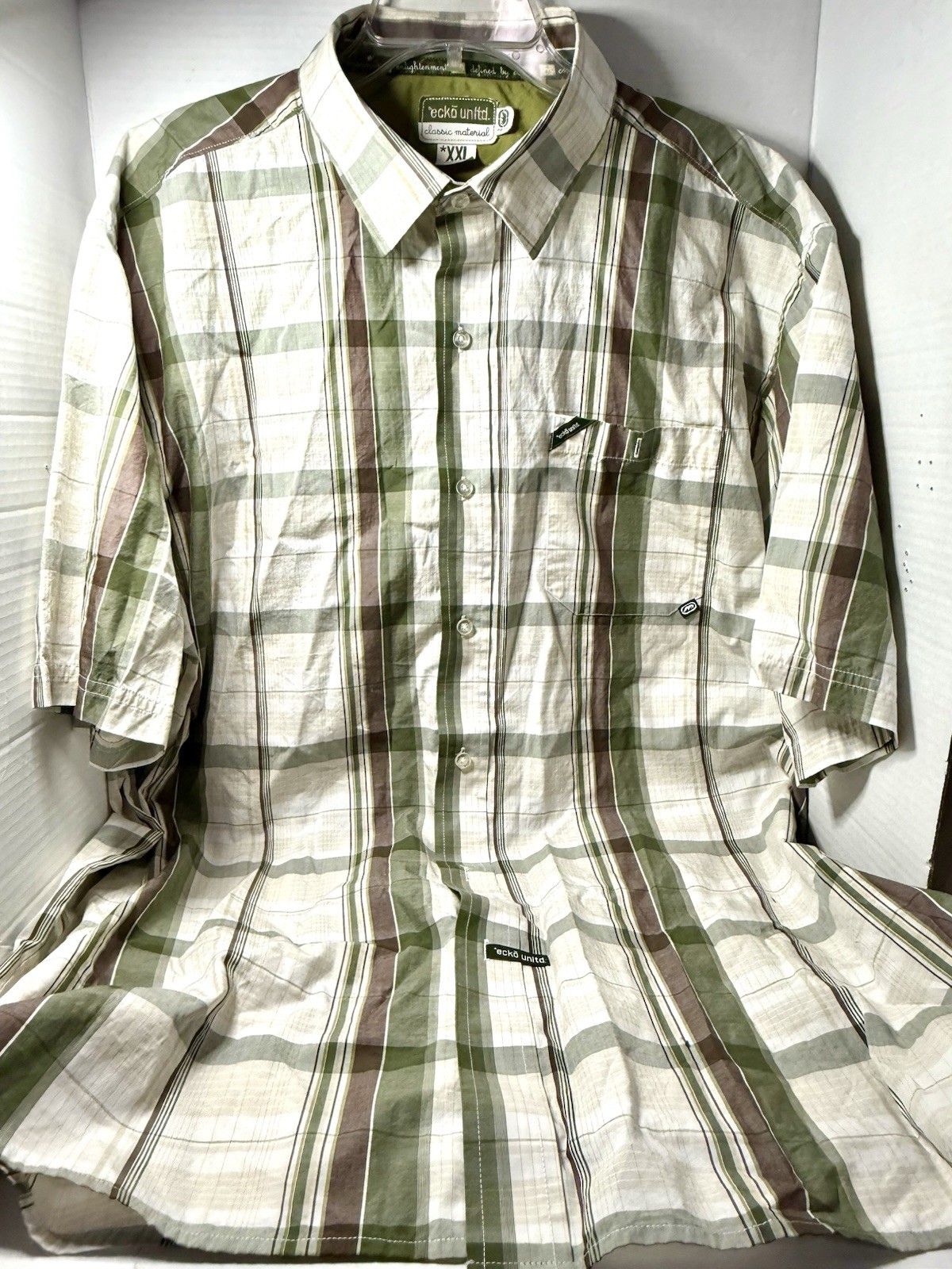 Ecko Unltd men’s xxl Plaid Green Brown Button Up Streetwear y2k shirt