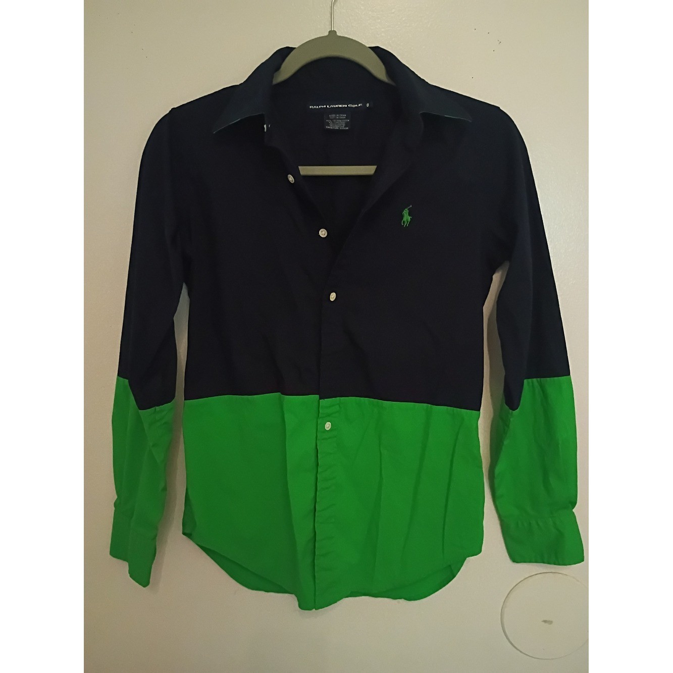 Ralph Lauren Golf Two-Tone Navy and Bright Green Button-Down Shirt Sz 0 ?