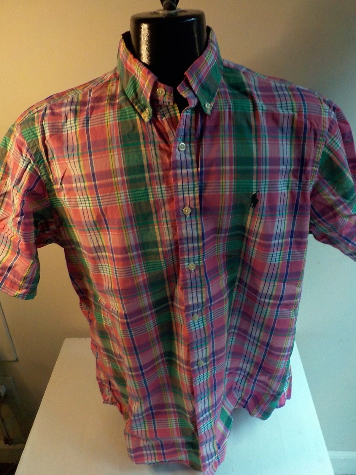 RALPH LAUREN Classic Fit Plaid Button Down SS Shirt SZ L Pink/Green/White/Yellow