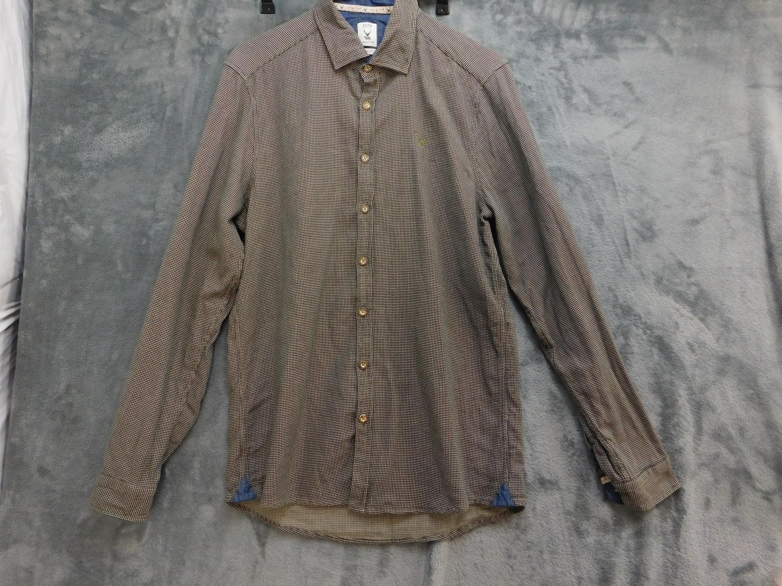 Pure Shirt Mens M Brown Check Long Sleeve Button Up Slim Cotton Embroidered