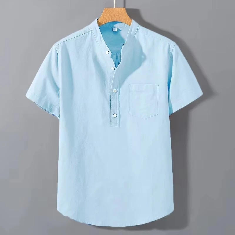 Men’s Cotton Stand Collar Summer T-Shirt Casual Breathable Short Sleeve Top