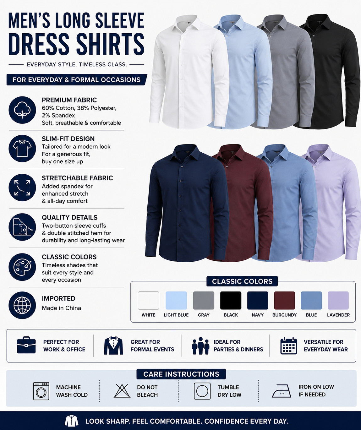 Men’s Slim-Fit Stretchable Long Sleeve Button Down Dress Shirts (Size S-3XL) NEW